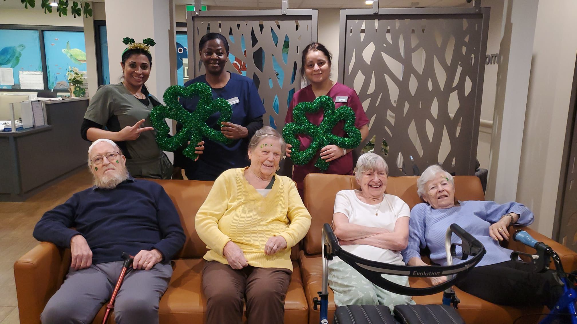 Care staff celebrating St. Patrick’s Day with residents at Bayview Seniors Community in White Rock BC