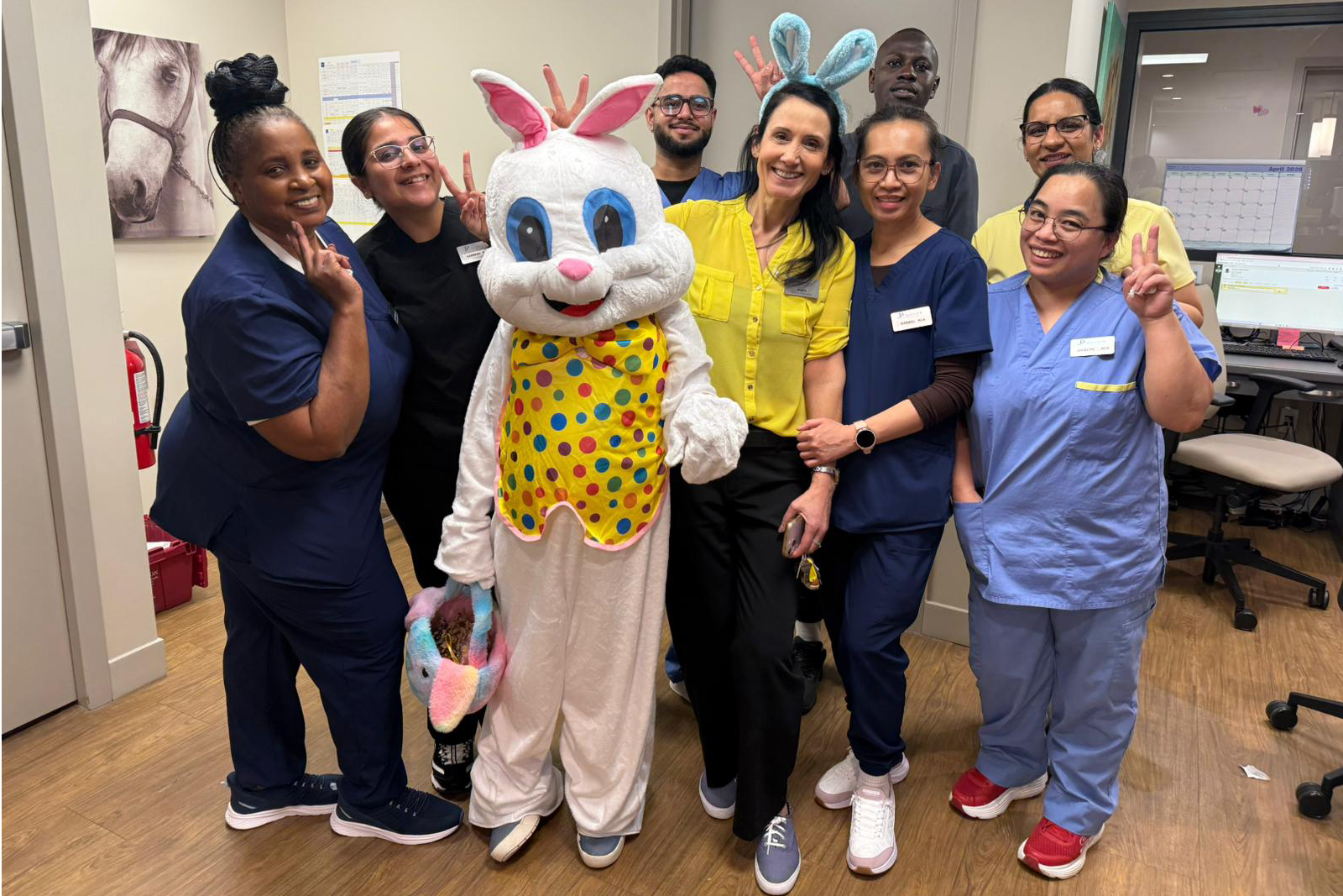 Residents meeting the Easter Bunny during a holiday celebration