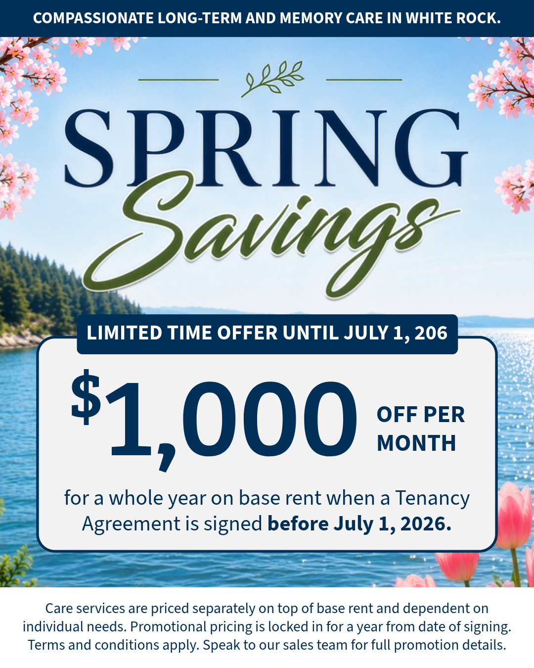 Spring savings promotion at Bayview Seniors Community featuring waterfront views and private senior suites in White Rock