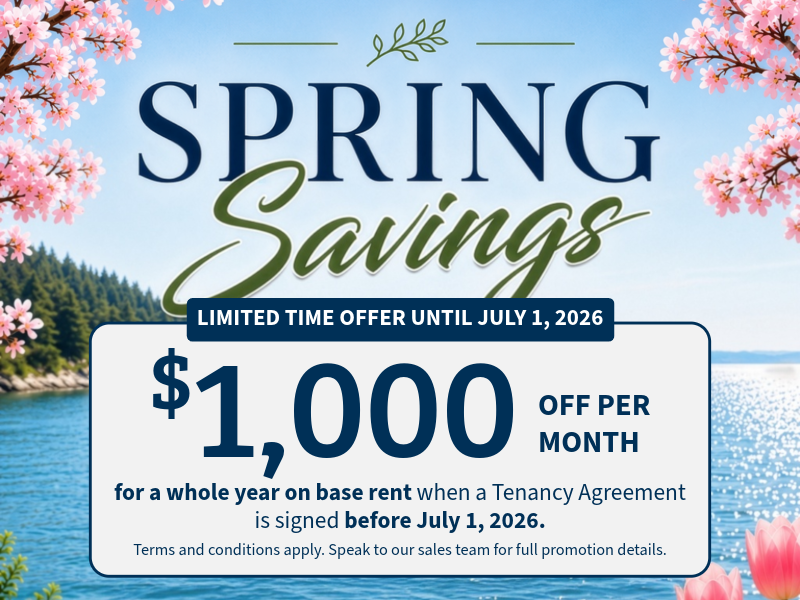 Spring savings promotion at Bayview Seniors Community featuring waterfront views and private senior suites in White Rock