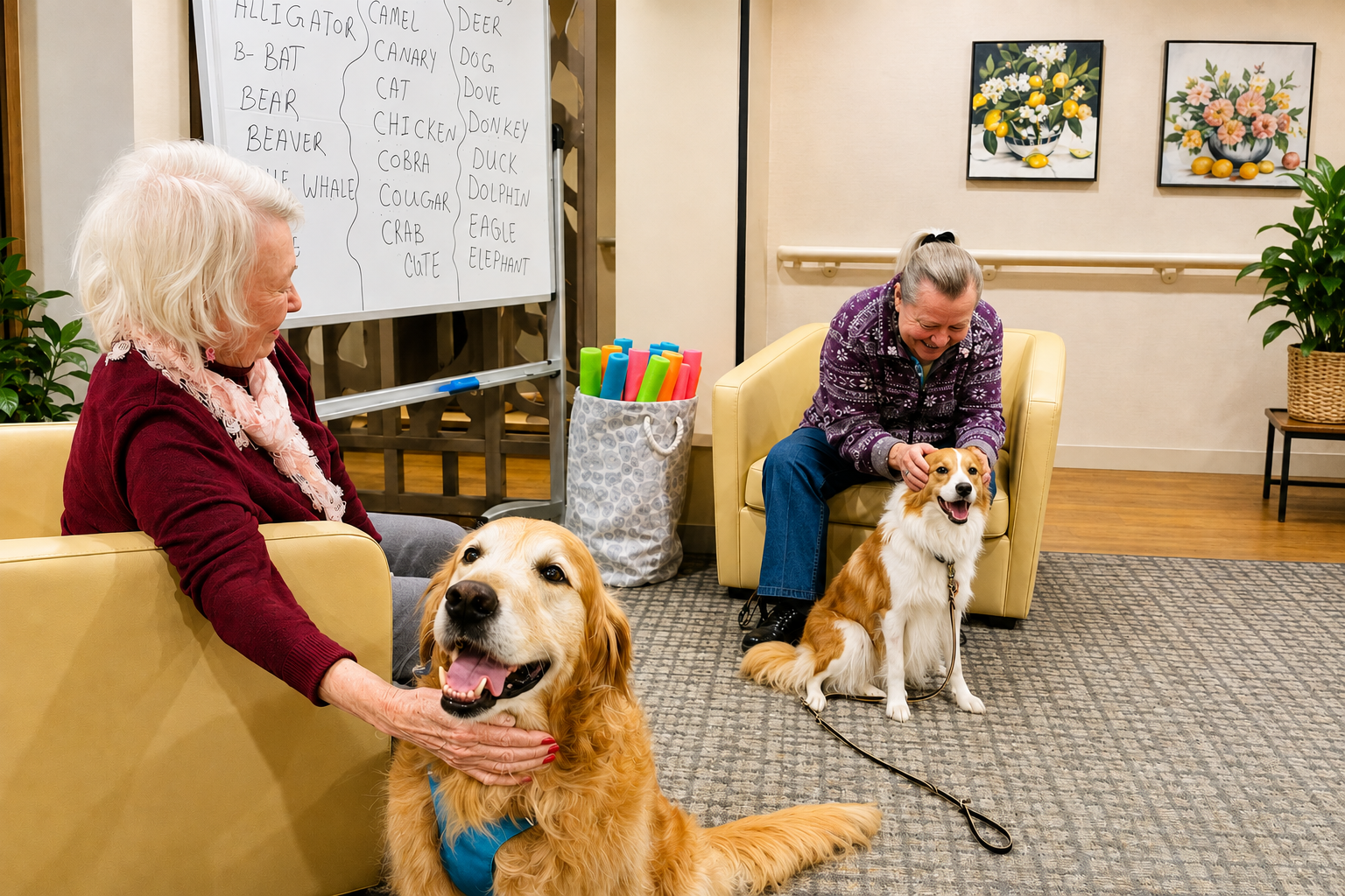 Pet Therapy Visit Bayview residents enjoying pet therapy as part of daily activities at our White Rock seniors community